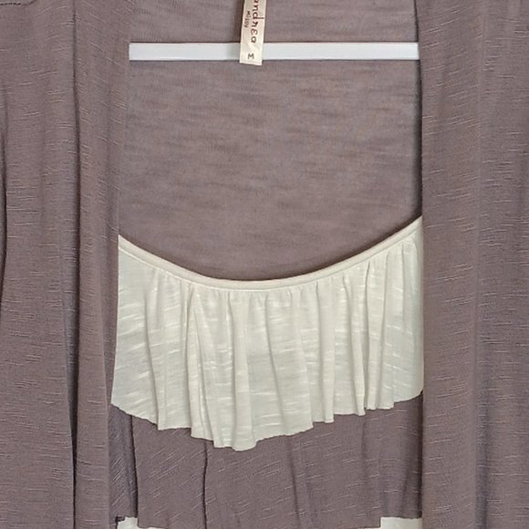 Andrea Ruffle Short Sleeve Blouse With Faux Cardigan Gray White Missy Size M - Picture 2 of 5